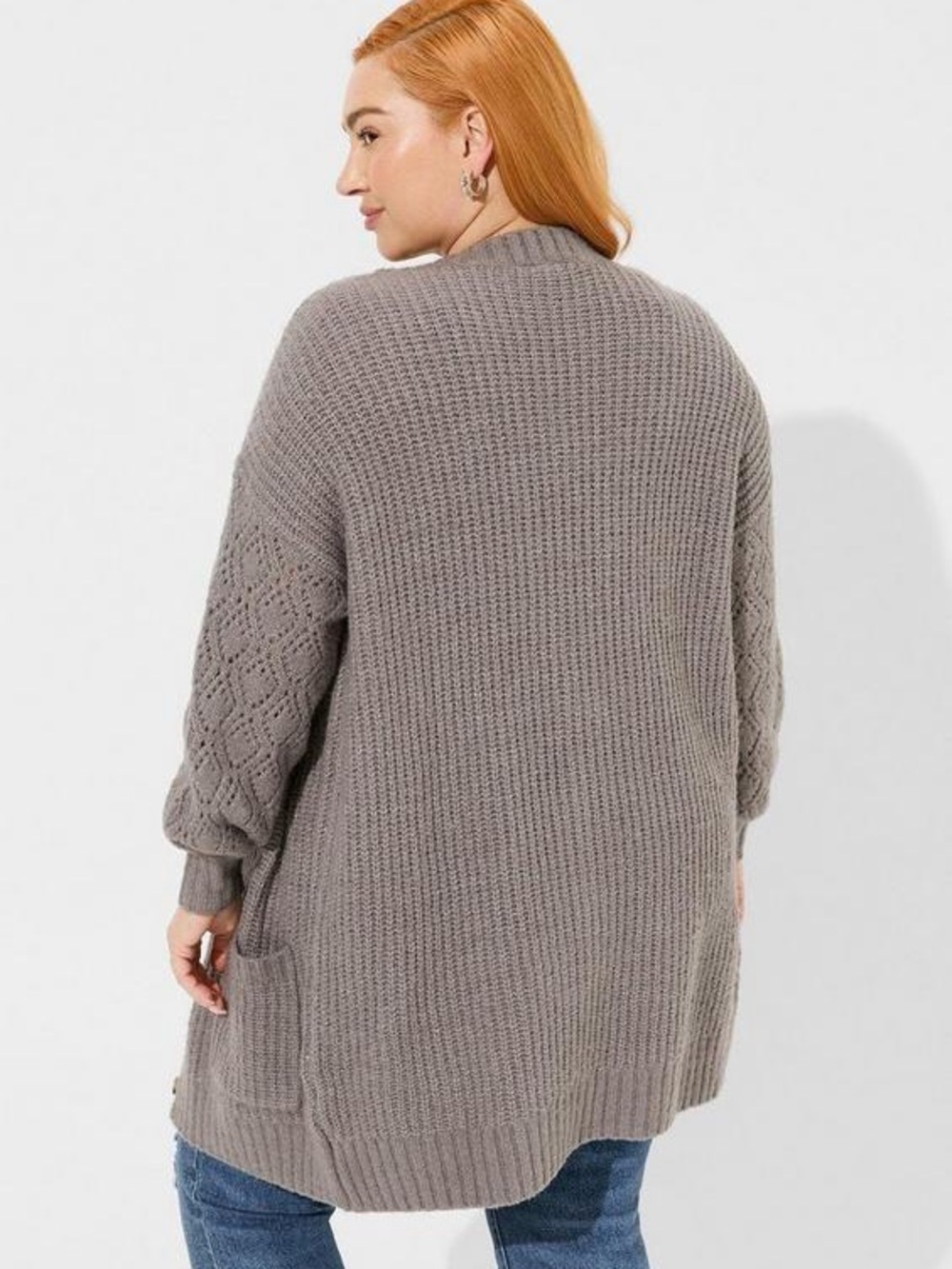 Torrid Boyfriend Cardigan Pointelle Sleeve Sweater Womens 1 14 16 1X Grey Long - Picture 2 of 10